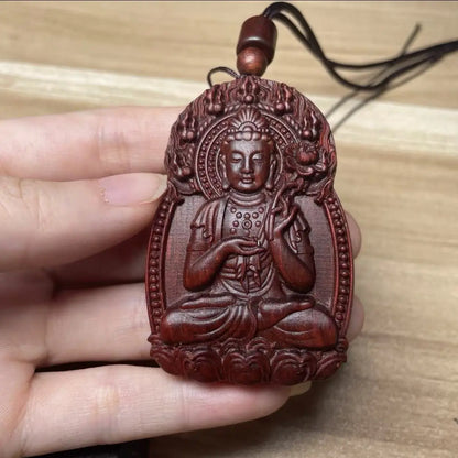 Rosewood Buddha amulet, carved with the twelve Chinese zodiac animals